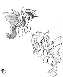 Size: 1464x1784 | Tagged: safe, artist:radiancebreaker, fluttershy, oc, oc:echo, bat pony, pony, g4, bat ponified, chibi, duo, flutterbat, monochrome, race swap, spread wings, traditional art, wings