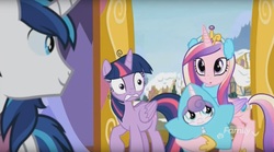 Size: 1659x923 | Tagged: safe, screencap, princess cadance, princess flurry heart, shining armor, twilight sparkle, alicorn, pony, g4, my little pony best gift ever, clothes, earmuffs, female, filly, foal, mare, star flurry heart, twilight sparkle (alicorn), twilight's castle, winter outfit