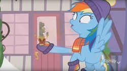 Size: 1659x922 | Tagged: safe, screencap, discord, rainbow dash, pegasus, pony, g4, my little pony best gift ever, candle, candlestick, clothes, discord candle, duo, female, hat, living object, male, mare, scarf, winter outfit