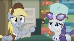 Size: 1660x921 | Tagged: safe, screencap, derpy hooves, rarity, pegasus, pony, unicorn, g4, my little pony best gift ever, discovery family, discovery family logo, duo, duo female, eyebrows, eyeroll, eyeshadow, female, folded wings, frown, glasses, hat, logo, mailmare hat, makeup, mare, post office, rarity is not amused, teeth, unamused, wings