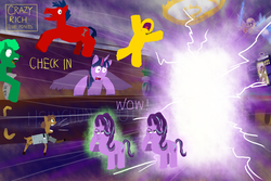 Size: 1500x1000 | Tagged: safe, artist:horsesplease, derpy hooves, doctor whooves, starlight glimmer, time turner, twilight sparkle, oc, oc:cili padi, alicorn, pony, g4, boop, crazy rich asians, doctor who, duality, glimmerposting, glowing, horrified, hotel, logo parody, meme, mousedeer, paint tool sai, parody, police officer, self paradox, self-boop, shield, shocked, singapore, smug, sword, tardis, this will end in timeline distortion, time paradox, time travel glimmer, timeline distortion, twilight sparkle (alicorn), warp storm, weapon, why, xk-class end-of-the-world scenario