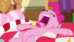 Size: 1920x1080 | Tagged: safe, screencap, pinkie pie, earth pony, pony, g4, my little pony best gift ever, bed, belly, discovery family logo, eyes closed, featureless crotch, female, lying on bed, mare, open mouth, solo, spread hooves