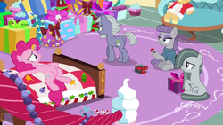 Size: 1920x1080 | Tagged: safe, screencap, boulder (g4), limestone pie, marble pie, maud pie, pinkie pie, earth pony, pony, g4, my little pony best gift ever, bed, belly, christmas, discovery family logo, female, hat, holiday, mare, pie sisters, pinkie's bedroom, present, santa hat, siblings, sisters, spread hooves, sugarcube corner