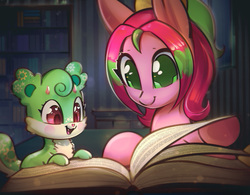 Size: 3751x2921 | Tagged: safe, artist:mirroredsea, oc, oc only, oc:gadget, oc:precious metal, pegasus, pony, blushing, book, commission, cute, duo, female, high res, library, mare, open mouth, reading, shelf, smiling