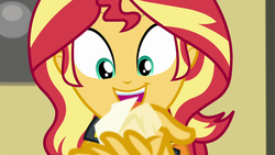 Size: 1920x1080 | Tagged: safe, screencap, sunset shimmer, equestria girls, equestria girls specials, g4, my little pony equestria girls: better together, my little pony equestria girls: forgotten friendship, crumpled, female, happy, paper, smiling, solo