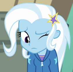 Size: 954x943 | Tagged: safe, screencap, trixie, equestria girls, equestria girls specials, g4, my little pony equestria girls: better together, my little pony equestria girls: forgotten friendship, clothes, cropped, female, frown, hoodie, one eye closed, solo