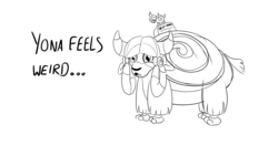 Size: 1280x720 | Tagged: safe, artist:sintakhra, yona, yak, tumblr:studentsix, g4, "best yak" trophy, ask, bow, cinnamon bun, cloven hooves, female, food, lineart, looking at you, monkey swings, monochrome, pastry, simple background, solo, trophy, tumblr, white background