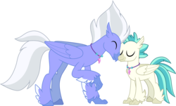 Size: 4982x3000 | Tagged: safe, artist:cloudy glow, sky beak, terramar, classical hippogriff, hippogriff, g4, surf and/or turf, .ai available, bonding, duo, duo male, eyes closed, father and son, jewelry, like father like son, like parent like child, male, necklace, nuzzling, simple background, smiling, terramaww, transparent background, vector