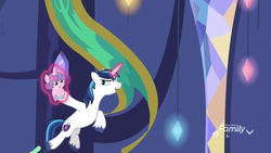 Size: 1920x1080 | Tagged: safe, screencap, princess flurry heart, shining armor, pony, unicorn, g4, my little pony best gift ever, banner, discovery family logo, duo, father and daughter, female, filly, foal, magic, male, mouth hold, stallion, swinging, telekinesis