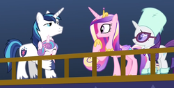 Size: 1100x560 | Tagged: safe, screencap, princess cadance, princess flurry heart, rarity, shining armor, alicorn, pony, unicorn, g4, my little pony best gift ever, baby, baby pony, clothes, concave belly, cropped, crown, father and daughter, female, filly, foal, glasses, hat, hoof shoes, husband and wife, jewelry, male, mare, married couple, mother and daughter, peytral, princess shoes, quadrupedal, railing, raised hoof, regalia, slender, stallion, standing, thin, winter outfit