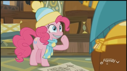 Size: 1280x720 | Tagged: safe, screencap, pinkie pie, earth pony, pony, yak, g4, my little pony best gift ever, clothes, female, hat, mare, scarf, winter outfit, zippermouth