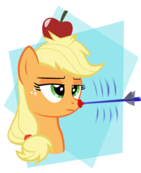 Size: 4911x6010 | Tagged: safe, artist:ace play, applejack, earth pony, pony, g4, absurd resolution, apple, applejack is not amused, arrow, bust, female, food, fruit, hatless, mare, missing accessory, portrait, solo, suction cup, unamused, william tell