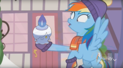 Size: 2560x1424 | Tagged: safe, edit, edited screencap, screencap, rainbow dash, litwick, g4, my little pony best gift ever, clothes, ghost candle, pokémon, scarf, this will end in death, this will end in tears and/or death, winter outfit