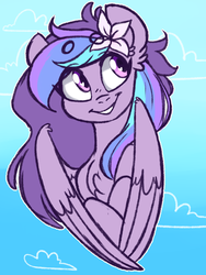 Size: 3000x4000 | Tagged: safe, artist:annakitsun3, oc, oc only, pegasus, pony, bust, cloud, commission, cute, female, flower, flower in hair, mare, portrait, smiling, solo