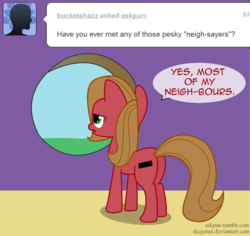 Size: 1280x1209 | Tagged: safe, artist:diegotan, oc, oc only, oc:pun, earth pony, pony, ask pun, ask, female, mare, pun, solo