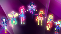 Size: 1920x1080 | Tagged: safe, screencap, applejack, fluttershy, pinkie pie, rainbow dash, rarity, sci-twi, sunset shimmer, twilight sparkle, equestria girls, equestria girls specials, g4, my little pony equestria girls: better together, my little pony equestria girls: forgotten friendship, clothes, female, humane five, humane seven, humane six, outfit, ponied up, sci-twilicorn