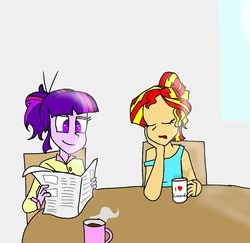 Size: 1027x1000 | Tagged: safe, artist:joining_the_black_parade_, sunset shimmer, twilight sparkle, alicorn, equestria girls, g4, alternate hairstyle, clothes, coffee, cup, cute, eyes closed, female, heart, implied ray, lesbian, messy hair, morning ponies, newspaper, pajamas, shimmerbetes, ship:sunsetsparkle, shipping, table, twilight sparkle (alicorn)