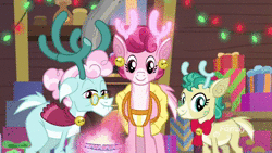Size: 1920x1080 | Tagged: safe, screencap, alice the reindeer, aurora the reindeer, bori the reindeer, deer, pony, g4, my little pony best gift ever, animated, cute, female, grove of the gift givers, sound, the gift givers, the gift givers of the grove, webm
