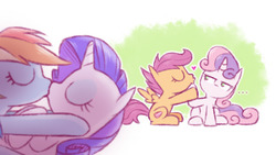 Size: 761x430 | Tagged: safe, artist:raridashdoodles, rainbow dash, rarity, scootaloo, sweetie belle, pegasus, pony, unicorn, g4, ..., eyes closed, female, filly, imitation, kiss on the lips, kissing, lesbian, mare, ship:raridash, ship:scootabelle, shipping, shipping denied, the cmc's cutie marks