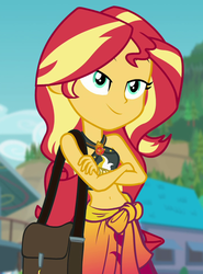 Size: 711x960 | Tagged: safe, screencap, sunset shimmer, equestria girls, equestria girls specials, g4, my little pony equestria girls: better together, my little pony equestria girls: forgotten friendship, belly button, clothes, cropped, crossed arms, female, geode of empathy, jewelry, magical geodes, necklace, sarong, sexy, skirt, smug, smugset shimmer, solo, swimsuit