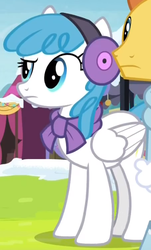 Size: 396x657 | Tagged: safe, screencap, lightning bolt, warm front, white lightning, pegasus, pony, g4, my little pony best gift ever, background pony, clothes, cropped, earmuffs, female, mare, raised eyebrow, solo focus, winter outfit