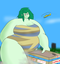 Size: 3000x3200 | Tagged: safe, artist:feyzer, wallflower blush, equestria girls, g4, bbw, building, city, clothes, fat, female, giantess, helicopter, high res, huge, macro, obese, one-piece swimsuit, small head, solo, ssbbw, swimsuit, wallfatter blush