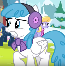 Size: 579x588 | Tagged: safe, screencap, cloud kicker, lightning bolt, star hunter, white lightning, pegasus, pony, best gift ever, g4, background pony, clothes, cropped, earmuffs, female, mare, solo focus, winter outfit