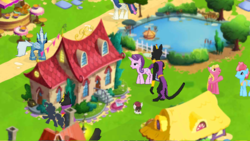 Size: 702x396 | Tagged: safe, gameloft, abyssinian king, cup cake, fleetfoot, lily, lily valley, pipsqueak, starlight glimmer, abyssinian, g4, gameloft shenanigans