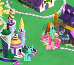 Size: 435x384 | Tagged: safe, gameloft, cornicle, lightning dust, pinkie pie, changedling, changeling, g4, canterlot, fabric store, gameloft shenanigans, mirror-sombra's castle guard