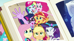 Size: 1920x1080 | Tagged: safe, screencap, applejack, bulk biceps, fluttershy, pinkie pie, rainbow dash, rarity, sci-twi, sunset shimmer, twilight sparkle, equestria girls, equestria girls specials, g4, my little pony equestria girls: better together, my little pony equestria girls: forgotten friendship, bikini, clothes, cute, geode of fauna, geode of shielding, geode of super speed, hat, humane five, humane seven, humane six, magical geodes, male nipples, nipples, nudity, one-piece swimsuit, selfie, smiling, sports bra, swimsuit, two-piece swimsuit, yearbook, yearbook photo