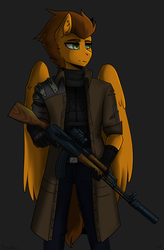 Size: 1390x2120 | Tagged: safe, artist:serodart, oc, oc only, oc:desert snake, pegasus, anthro, ak-47, assault rifle, clothes, commission, gun, male, playerunknown's battlegrounds, rifle, solo, trenchcoat, weapon