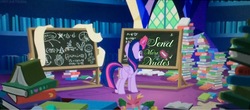 Size: 2000x883 | Tagged: safe, artist:ponylover88, edit, edited screencap, screencap, twilight sparkle, alicorn, pony, best gift ever, g4, book, chalkboard, dat chalkboard, female, image macro, meme, panic, solo, text, twilight sparkle (alicorn), twilight's castle, we don't normally wear clothes