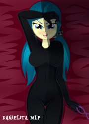 Size: 1024x1424 | Tagged: dead source, safe, artist:danielitamlp, juniper montage, equestria girls, g4, blushing, bodysuit, breasts, catsuit, female, glasses, glasses off, open mouth, solo