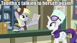 Size: 960x540 | Tagged: safe, edit, edited screencap, screencap, derpy hooves, rarity, g4, my little pony best gift ever, duo, image macro, meme, multiple personality, post office, tabitha st. germain, text, voice actor joke, winter outfit