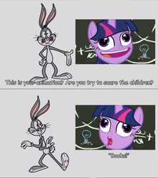 Size: 1437x1620 | Tagged: safe, edit, edited screencap, screencap, twilight sparkle, alicorn, pony, best gift ever, g4, bugs bunny, comic, crazy face, discovery family logo, faic, lol face, looney tunes, male, meme, new looney tunes, one carroter in search of an artist, open mouth, possible meme, pudding face, screencap comic, twilight sparkle (alicorn)