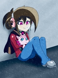 Size: 1536x2048 | Tagged: safe, artist:sketch-bro, oc, oc only, oc:contralto, oc:cupcake slash, siren, equestria girls, g4, clothes, cute, daaaaaaaaaaaw, equestria girls-ified, headphones, pants, shoes, sitting, snow, winter, younger