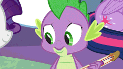 Size: 700x394 | Tagged: safe, screencap, rarity, spike, twilight sparkle, alicorn, dragon, pony, unicorn, g4, my little pony best gift ever, animated, baby, baby dragon, blushing, cheek kiss, cute, cutie mark, daaaaaaaaaaaw, fangs, female, folded wings, gif, guitar, hnnng, kissing, male, mare, shipping fuel, spikabetes, spikelove, twilight sparkle (alicorn), twilight's castle, winged spike, wings
