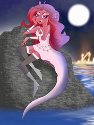 Size: 1936x2592 | Tagged: safe, artist:sketch-bro, oc, oc only, oc:mezma, siren, equestria girls, g4, clothes, equestria girls-ified, fire, full moon, moon, ocean, open mouth, rock, shipwreck, solo, sunken ship, water