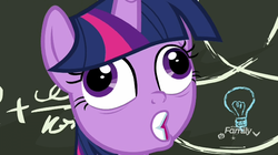 Size: 656x368 | Tagged: safe, screencap, twilight sparkle, alicorn, pony, best gift ever, chalkboard, crazy face, derp, discovery family logo, faic, female, lightbulb, open mouth, pudding face, solo, twilight sparkle (alicorn), twilight sparkle is best facemaker, wat