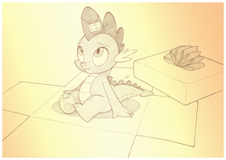 Size: 1042x737 | Tagged: safe, artist:sherwoodwhisper, spike, dragon, g4, cute, gift wrapped, looking up, male, monochrome, present, solo, spikabetes