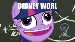Size: 2000x1125 | Tagged: safe, edit, edited screencap, screencap, twilight sparkle, alicorn, pony, g4, my little pony best gift ever, chalkboard, crazy face, derp, didney worl, discovery family logo, faic, female, lightbulb, meme, open mouth, pudding face, solo, twilight sparkle (alicorn), wat