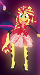 Size: 311x589 | Tagged: safe, screencap, sunset shimmer, human, equestria girls, equestria girls series, forgotten friendship, g4, armpits, boots, clothes, cropped, offscreen character, ponied up, shoes, skirt, sleeveless, solo focus, spiked headband, super ponied up