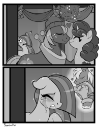 Size: 2511x3216 | Tagged: safe, artist:moonseeker, big macintosh, marble pie, sugar belle, earth pony, pony, unicorn, g4, my little pony best gift ever, crying, female, grayscale, heartbroken marble, high res, male, mare, mistletoe, monochrome, ship:sugarmac, shipping, shipping denied, side chick, stallion, straight