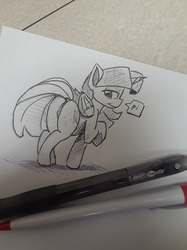 Size: 1280x1707 | Tagged: safe, artist:post-it, twilight sparkle, alicorn, pony, g4, butt, featureless crotch, female, ink drawing, inktober, looking at you, looking back, looking back at you, mare, misleading thumbnail, monochrome, pen, plot, raised hoof, shading, shadow, simple background, sketch, smiling, solo, speech bubble, traditional art, twibutt, twilight sparkle (alicorn), white background
