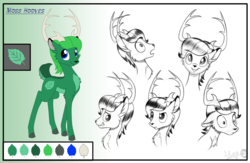 Size: 2000x1300 | Tagged: safe, artist:sirzi, oc, oc only, oc:moss hooves, deer, fordeer, original species, antlers, cloven hooves, deer oc, emotions, open mouth, raised hoof, reference sheet, simple background, smiling, solo, surprised