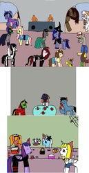 Size: 1368x2649 | Tagged: safe, artist:ask-luciavampire, oc, alicorn, earth pony, pegasus, pony, unicorn, vampire, tumblr:ask-luciavampire, ask, clothes, costume, halloween, halloween costume, holiday, nightmare night, party, tumblr