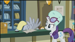 Size: 1280x720 | Tagged: safe, screencap, derpy hooves, rarity, pegasus, pony, unicorn, best gift ever, g4, discovery family logo, duo, female, glasses, hat, mare, post office, spread wings, wings