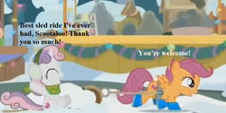 Size: 882x441 | Tagged: safe, edit, edited screencap, editor:korora, screencap, scootaloo, sweetie belle, pegasus, pony, unicorn, g4, my little pony best gift ever, boots, clothes, cropped, cute, cutealoo, decoration, dialogue, diasweetes, duo, earmuffs, female, filly, foal, ponyville, scarf, shoes, sled, snow, stand, winter outfit