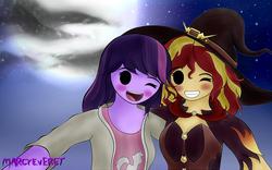 Size: 2400x1500 | Tagged: safe, artist:marcyeveret, sunset shimmer, twilight sparkle, equestria girls, g4, blush sticker, blushing, clothes, costume, female, halloween, halloween costume, happy, hat, holiday, lesbian, life is strange, maxine caulfield, mercy, moon, night, one eye closed, overwatch, shimmercy, ship:sunsetsparkle, shipping, stars, wink, witch hat