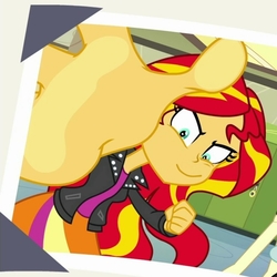 Size: 1440x1440 | Tagged: safe, edit, edited screencap, screencap, sunset shimmer, equestria girls, equestria girls series, forgotten friendship, g4, cropped, female, happy, solo